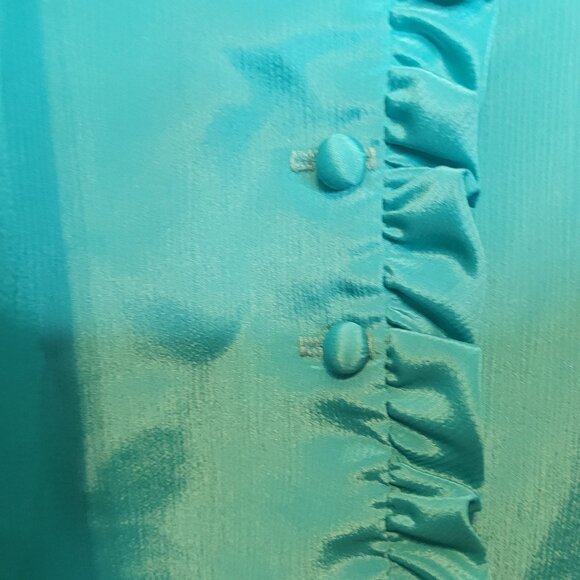 Vintage Polyester Blouse Turquoise Ruffle 70s Union Made Button Front Sz 38 Lrg - Picture 8 of 11